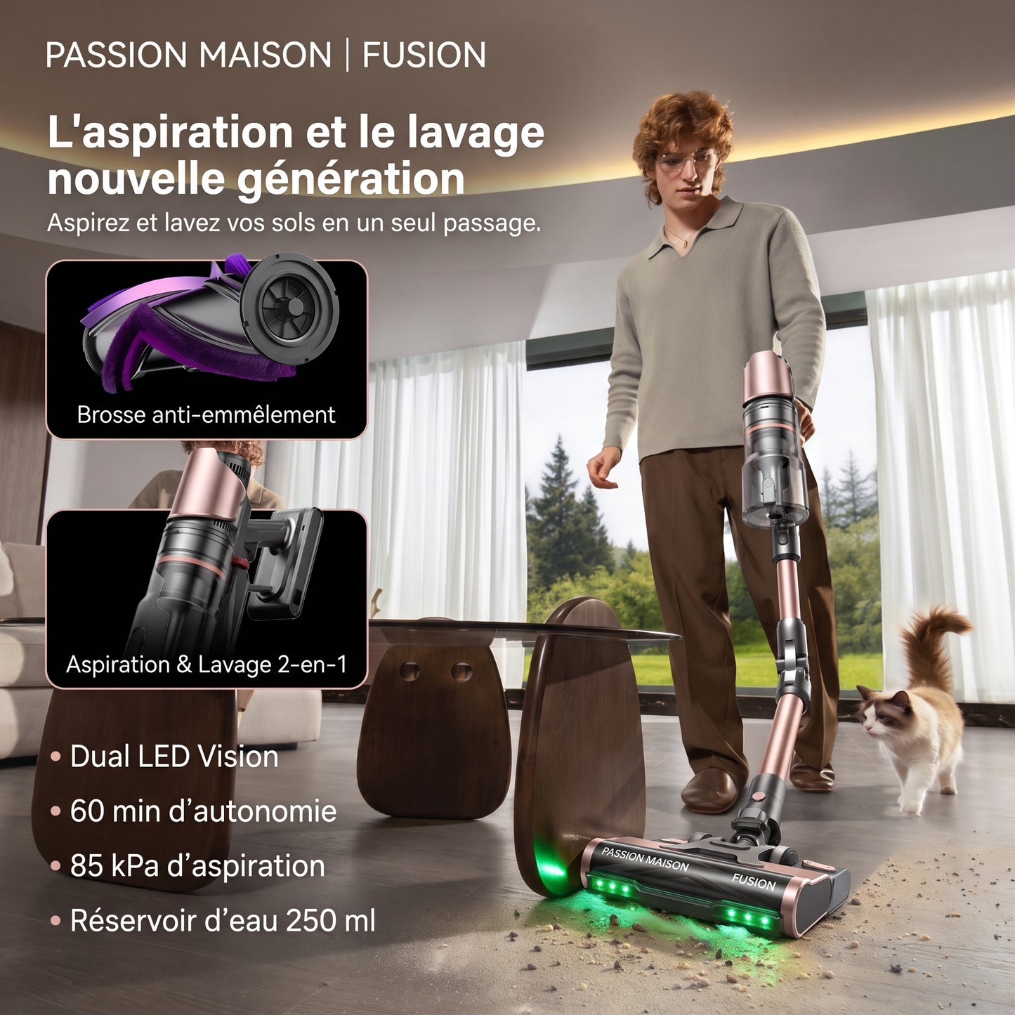Aspirateur Balai Sans Fil Fusion – Aspiration & Lavage 2-en-1 – 85 KPa – 60 min
