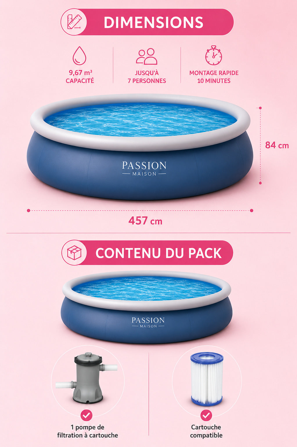 Piscine Gonflable Ronde Passion Maison Laguna 457 x 84 cm – Pompe Incluse & Montage Rapide